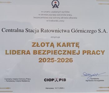 Złota Karta Lidera Bezpiecznej Pracy dla CSRG S.A.